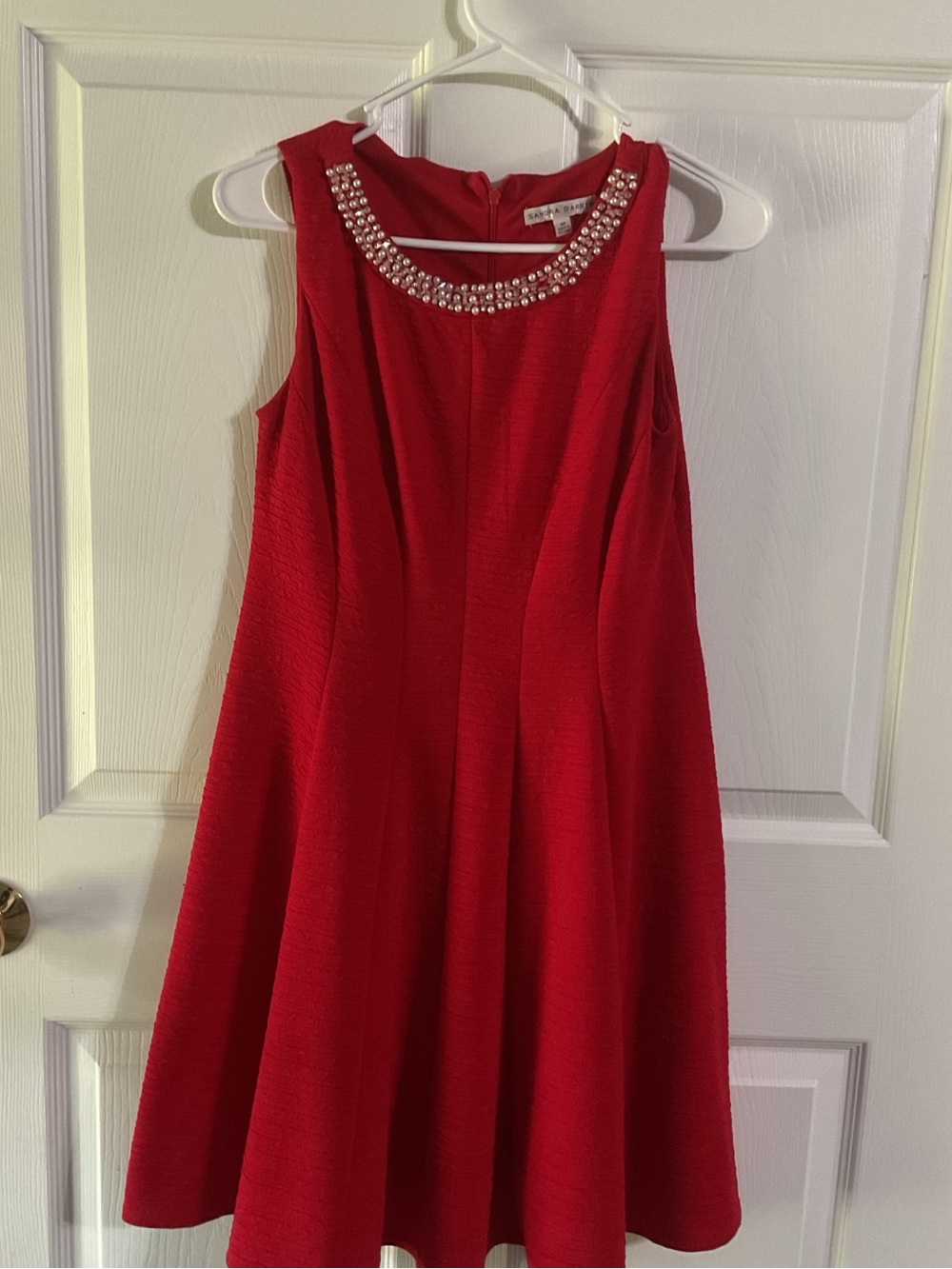 Sandra Darren Red Sleeveless Dress with Beaded Neckline